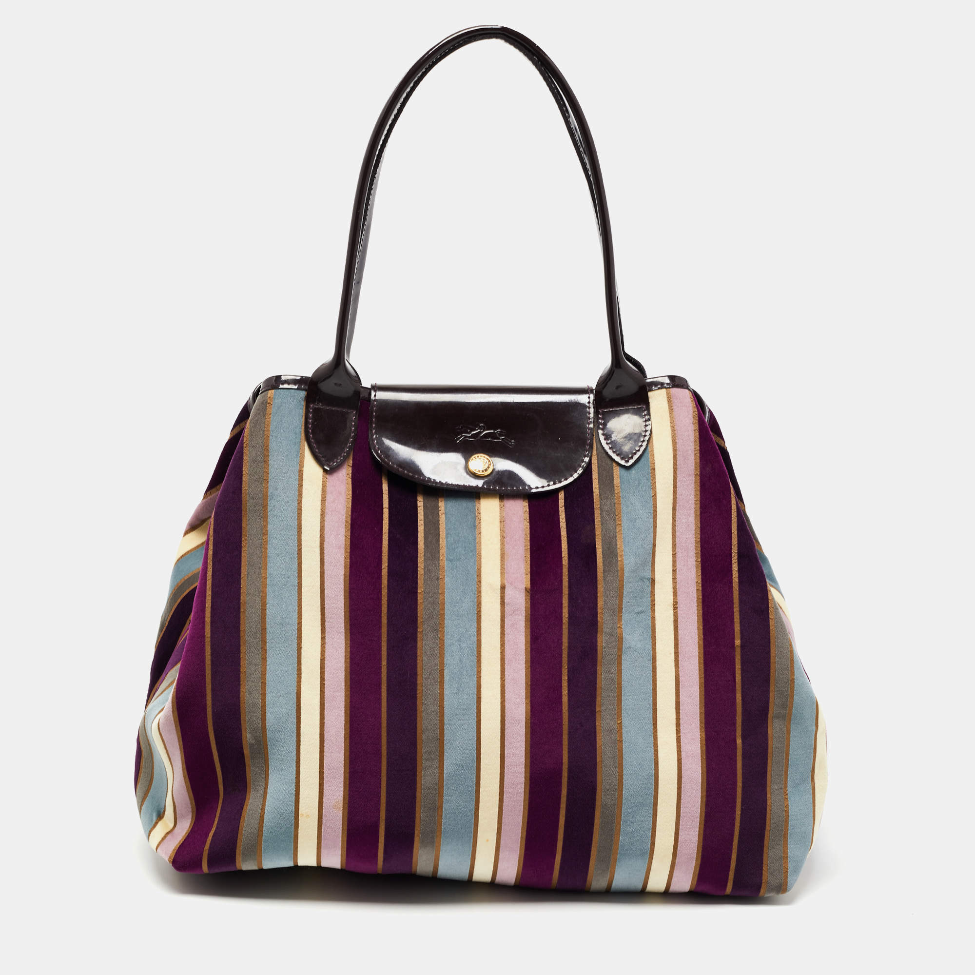 Longchamp Multicolor Stripe Velvet and Patent Leather Tote