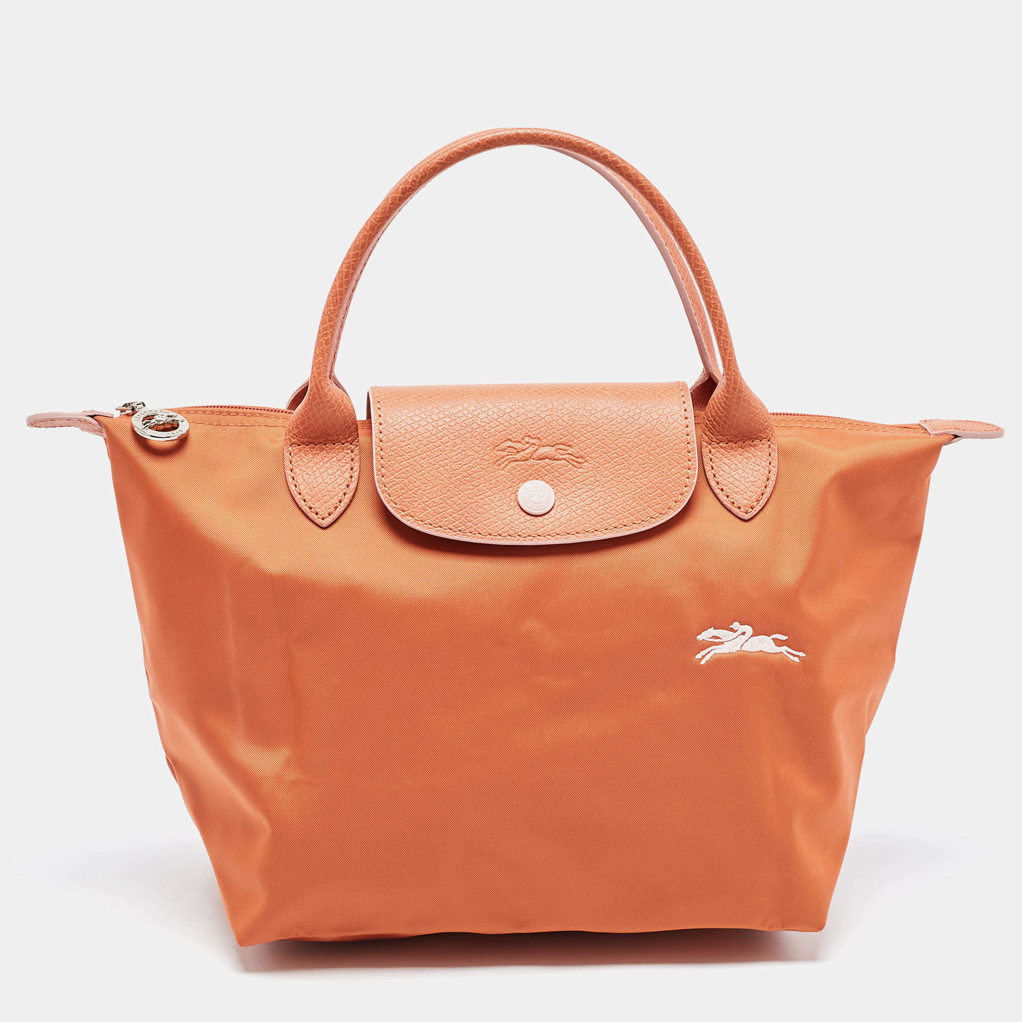Pre Owned Longchamp Orange Nylon and Leather Le Pliage Tote