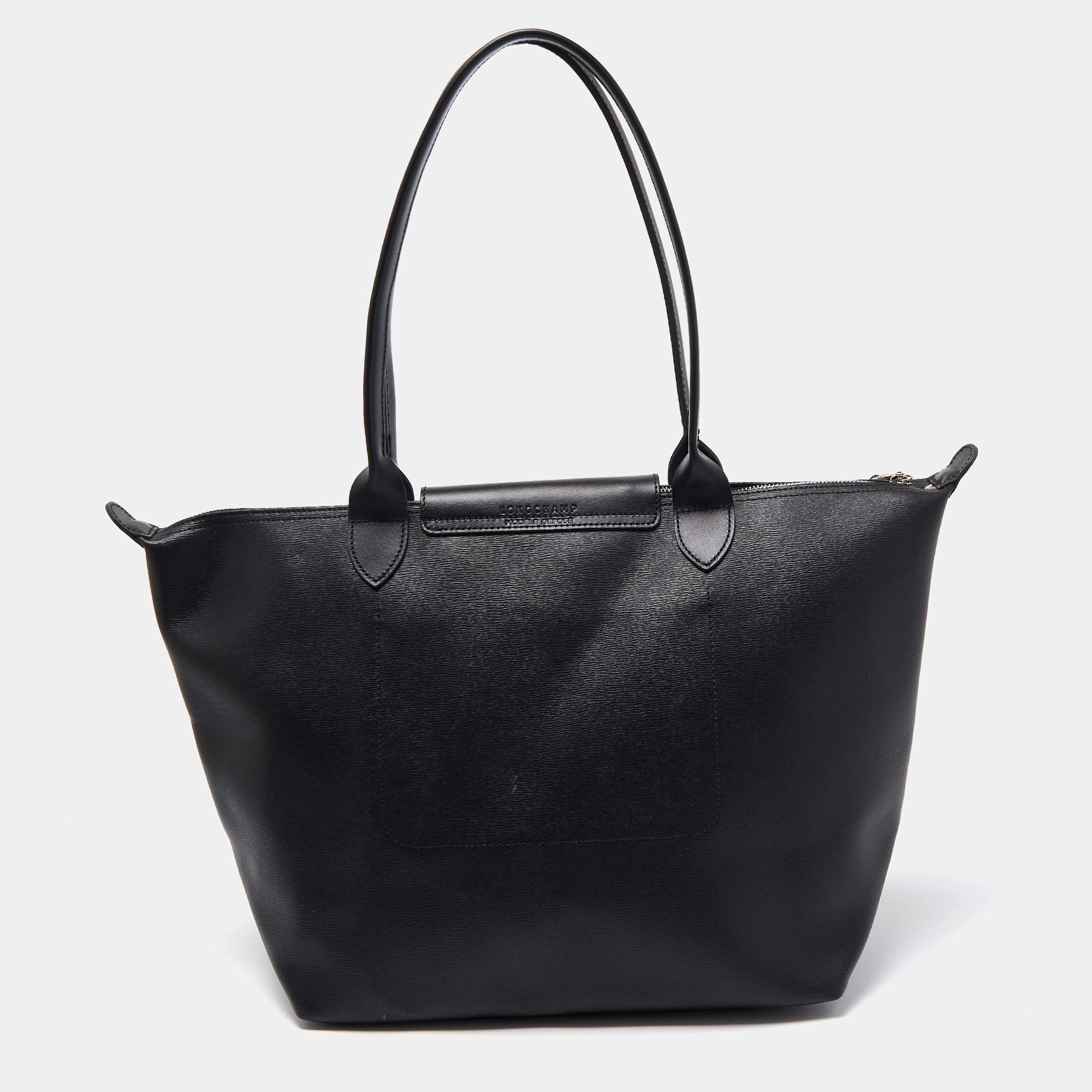 Longchamp Black Leather Medium Le Pliage Tote