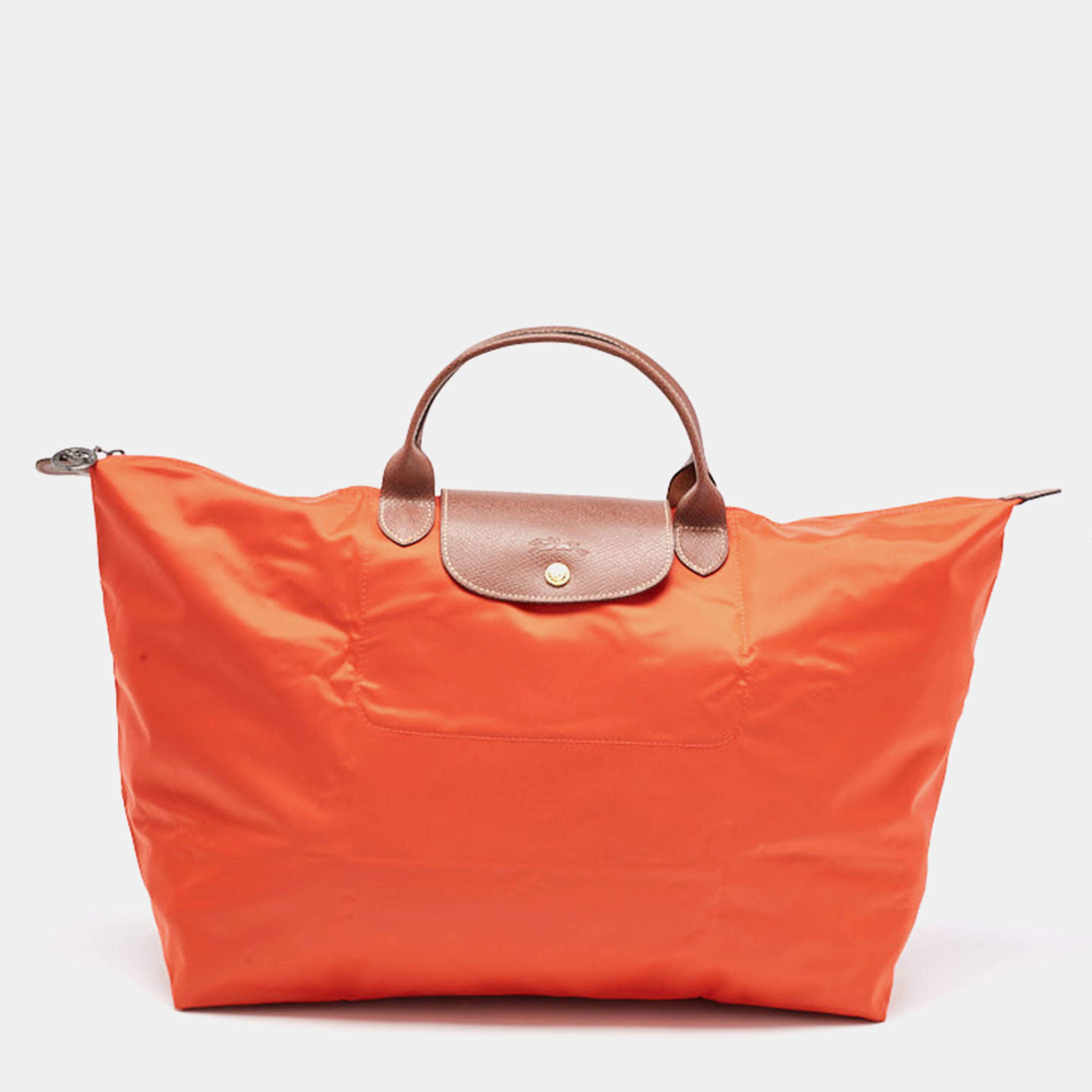 Pre Owned Longchamp Orange Nylon Le Pliage Travel Tote