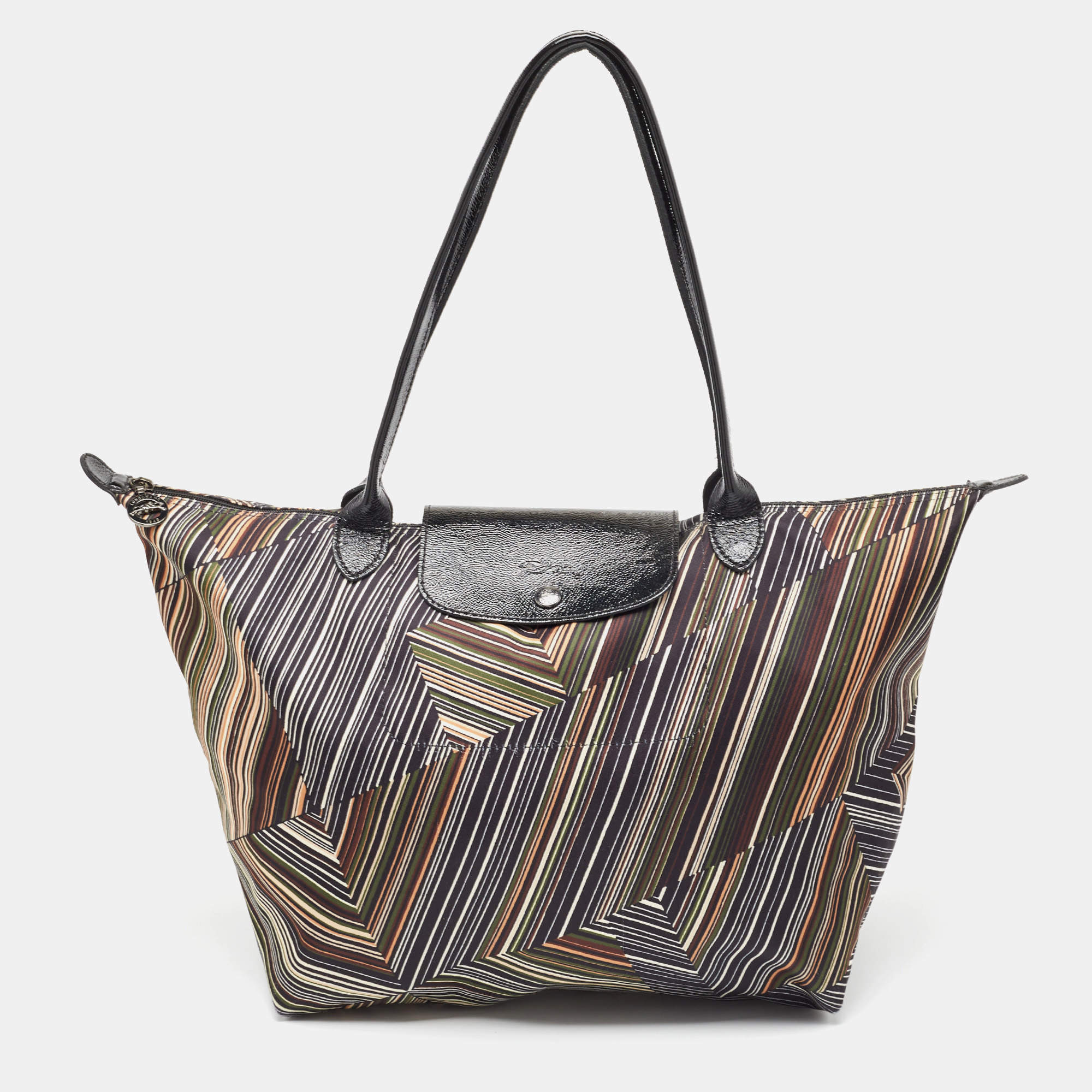 Pre Owned Longchamp Multicolor Printed Fabric and Patent Leather Le Pliage Tote