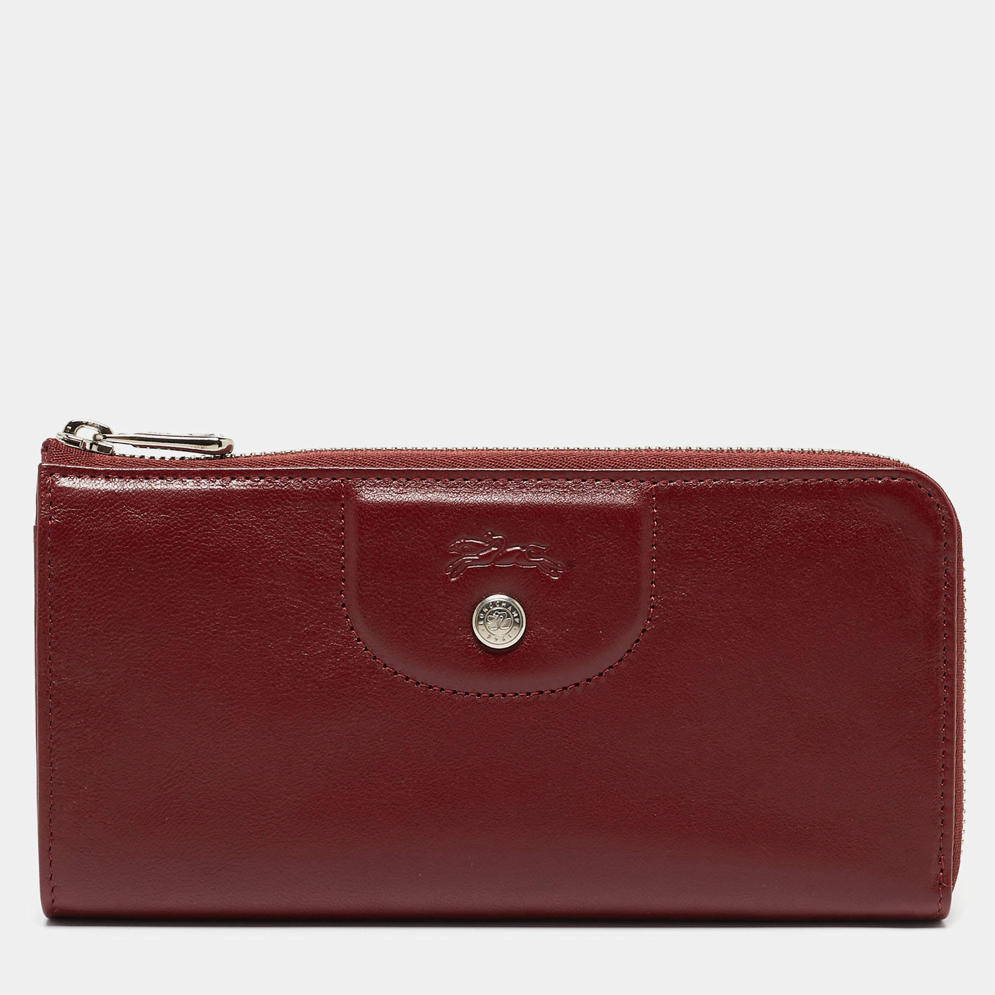 Pre Owned Longchamp Dark Red Cuir Leather Le Pliage Zip Around Wallet