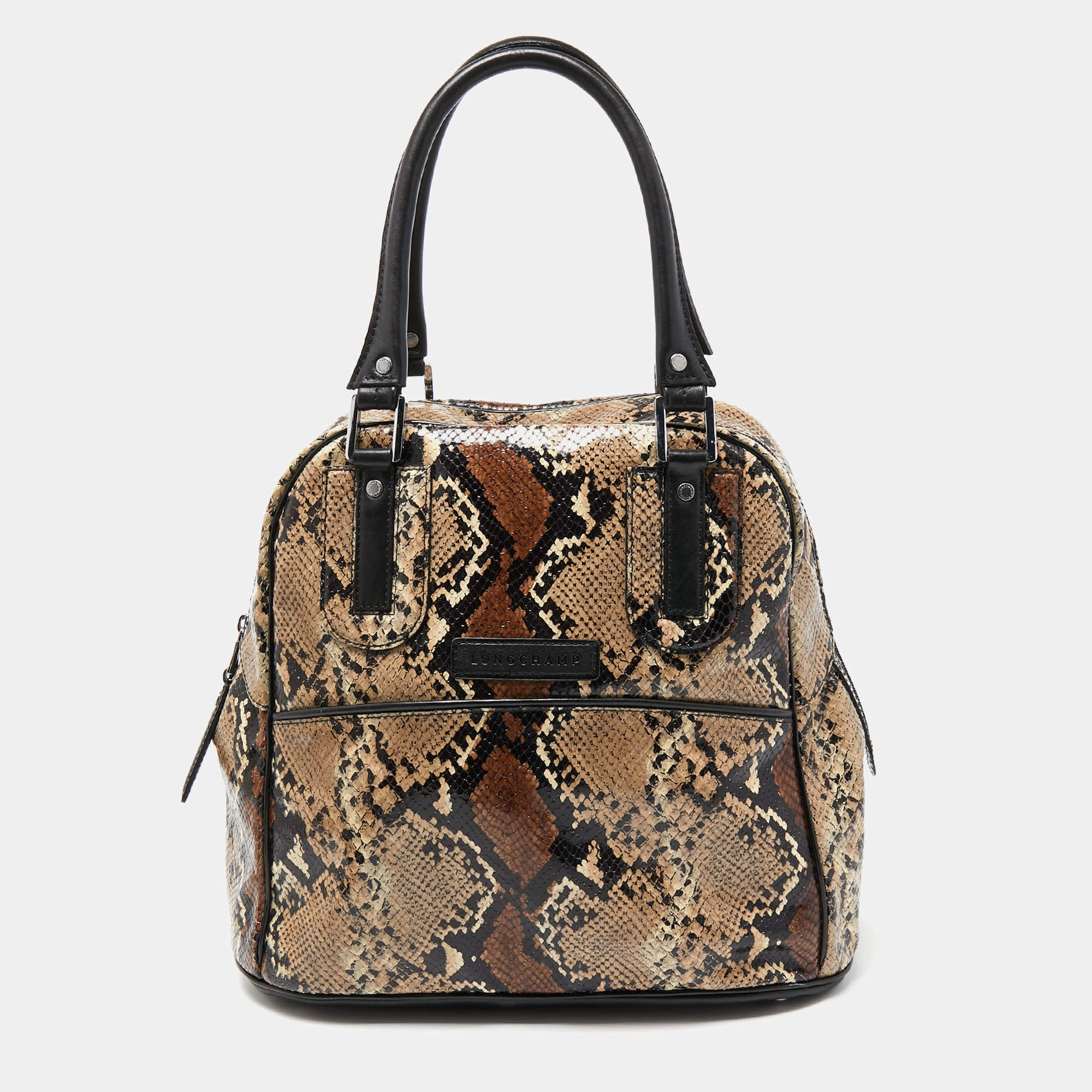 Longchamp Black/Beige Python Embossed Leather Cosmo Satchel