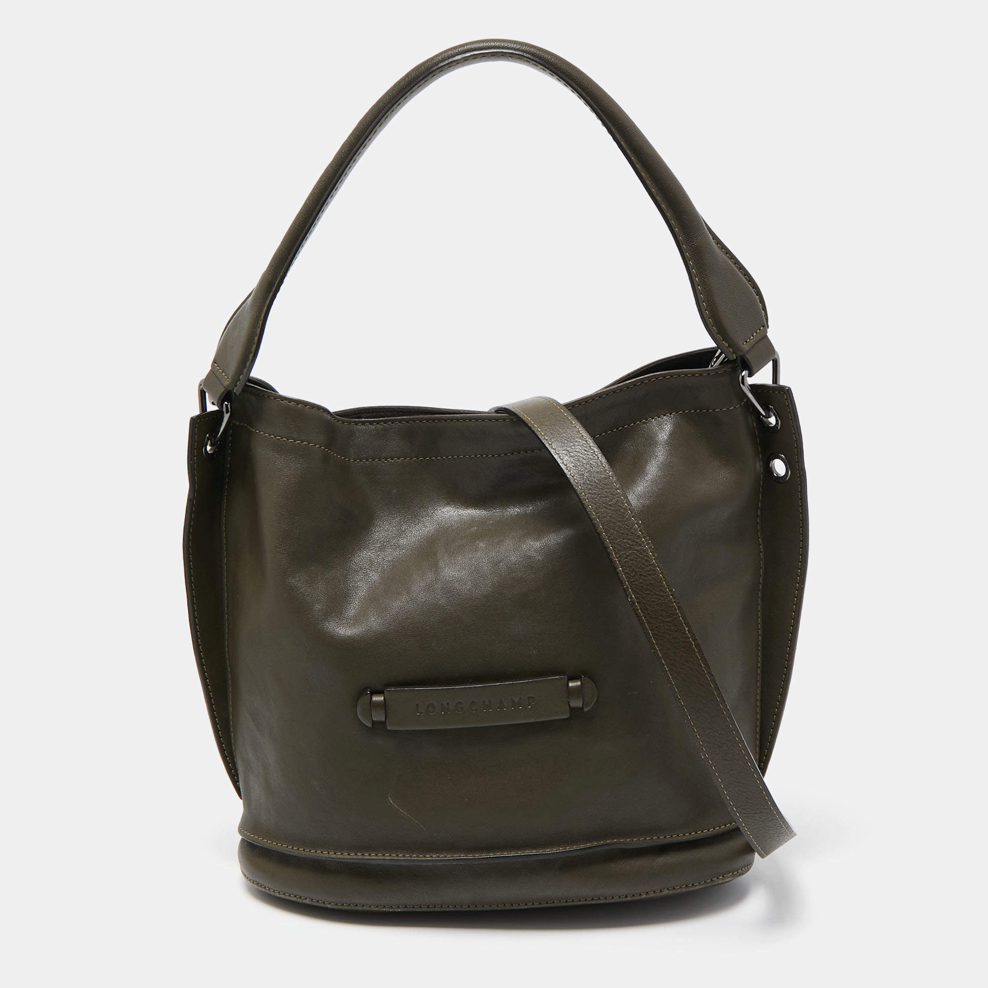 Pre Owned Longchamp Olive Green Leather 3D Bucket Bag