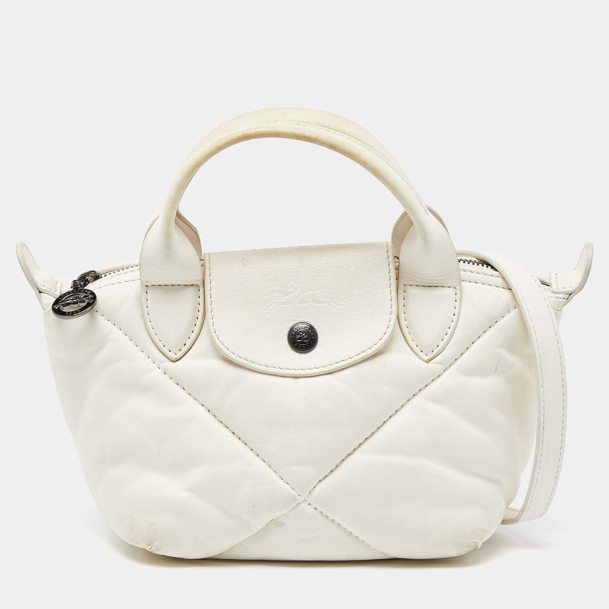 Pre Owned Longchamp White Quilted Leather Mini Le Pilage Neo Tote