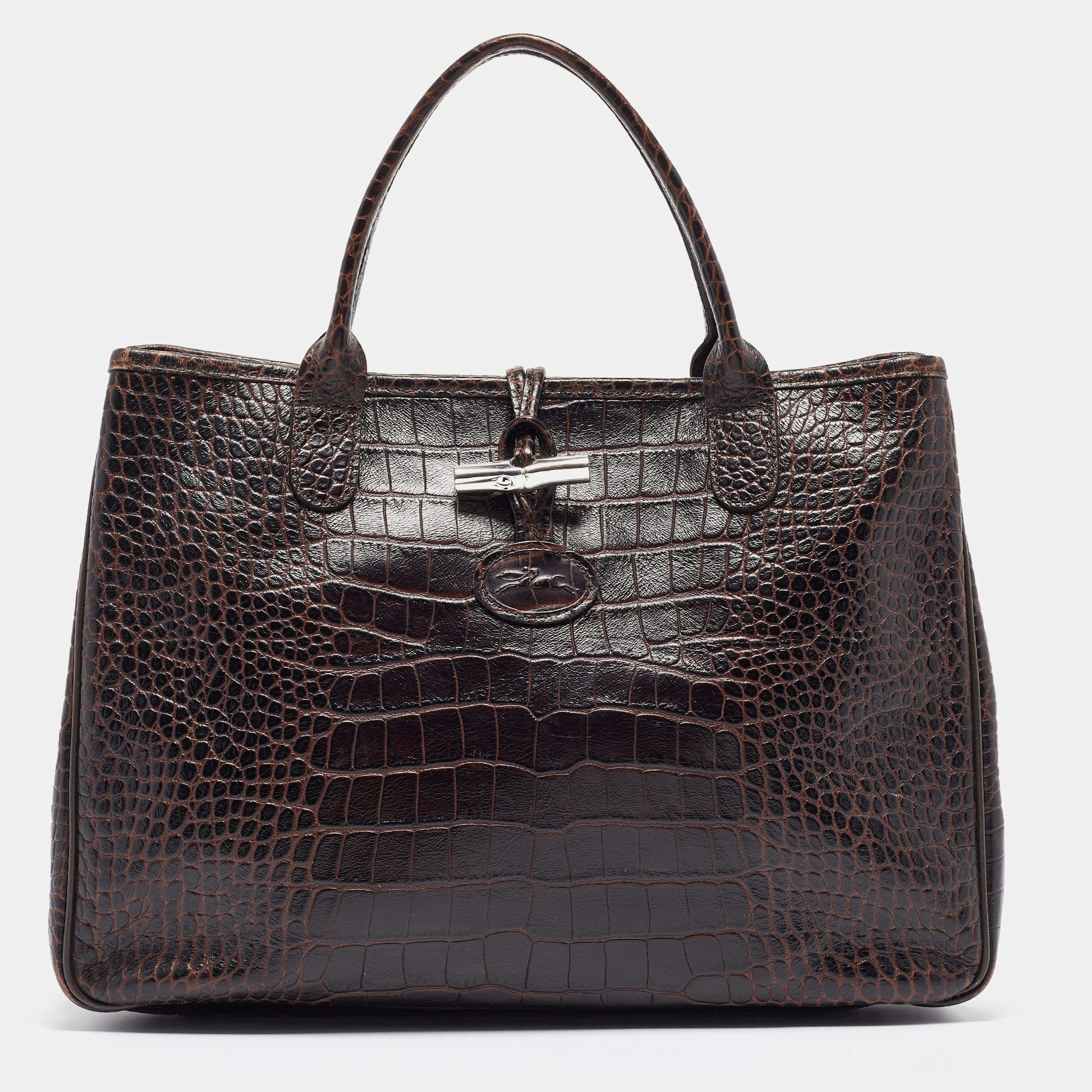 Pre Owned Longchamp Dark Brown Croc Embossed Leather Roseau Tote