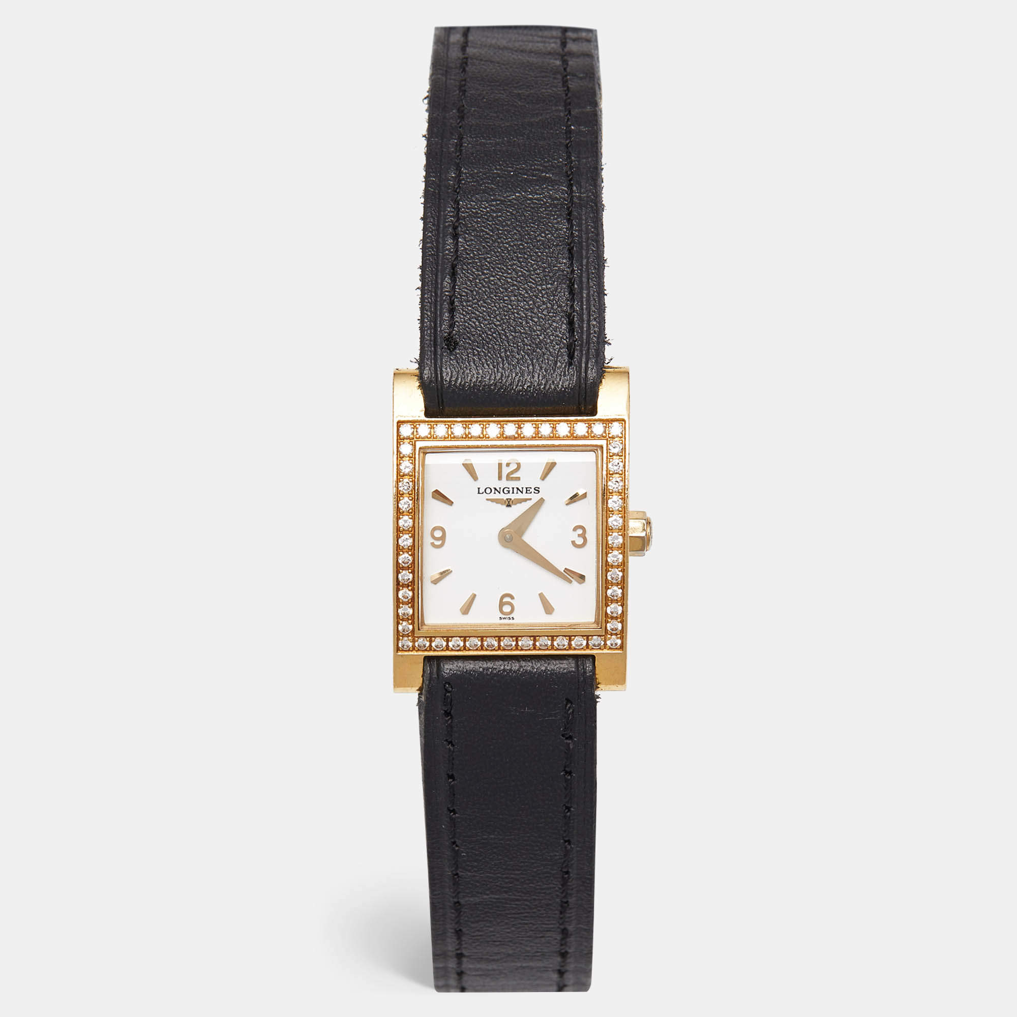 Longines White 18K Yellow Gold Diamond Leather DolceVita L5.166.7.16.2 Women's Wristwatch 21 mm
