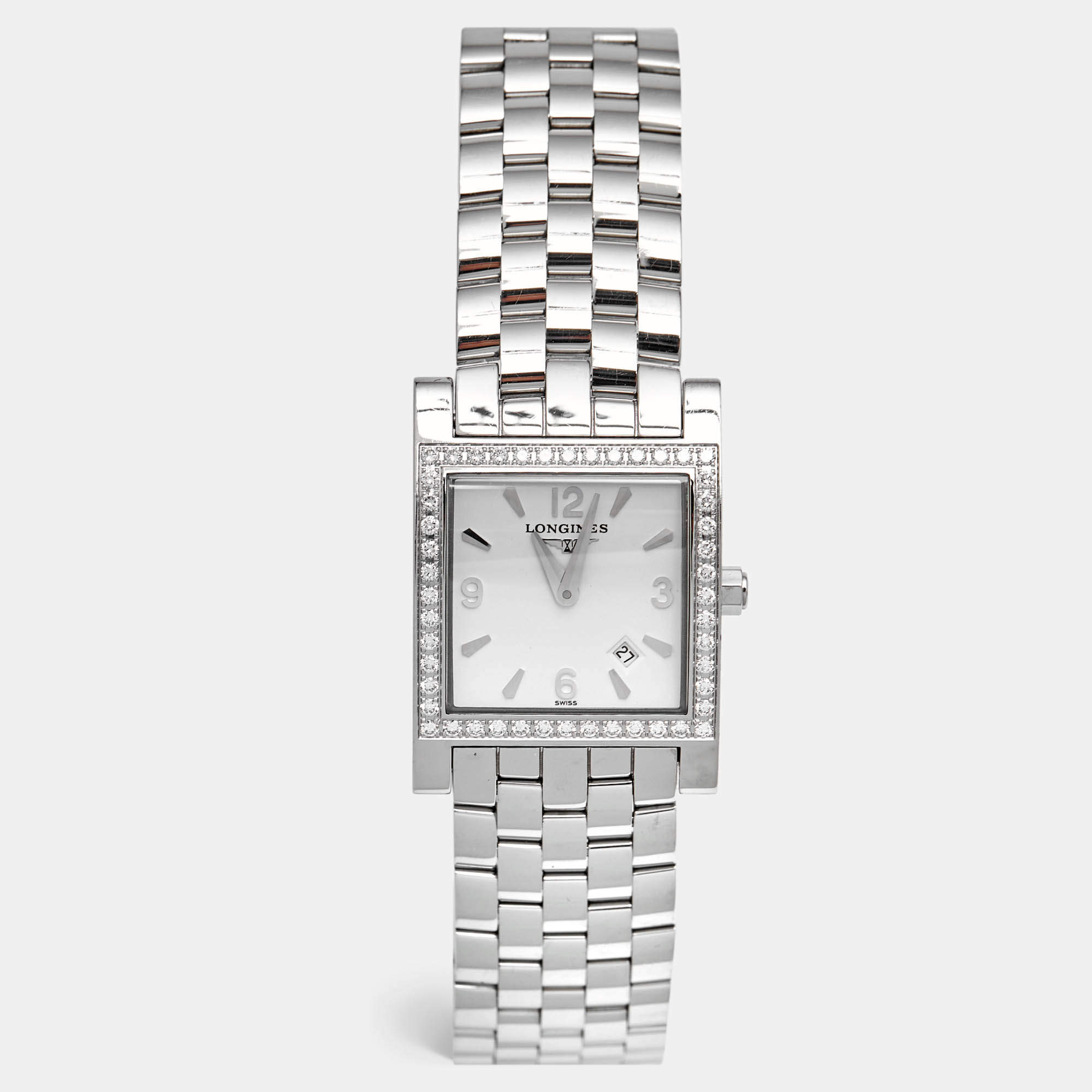 Pre Owned Longines White Stainless Steel Diamond DolceVita L5.503.0 Women's Wristwatch 24 mm