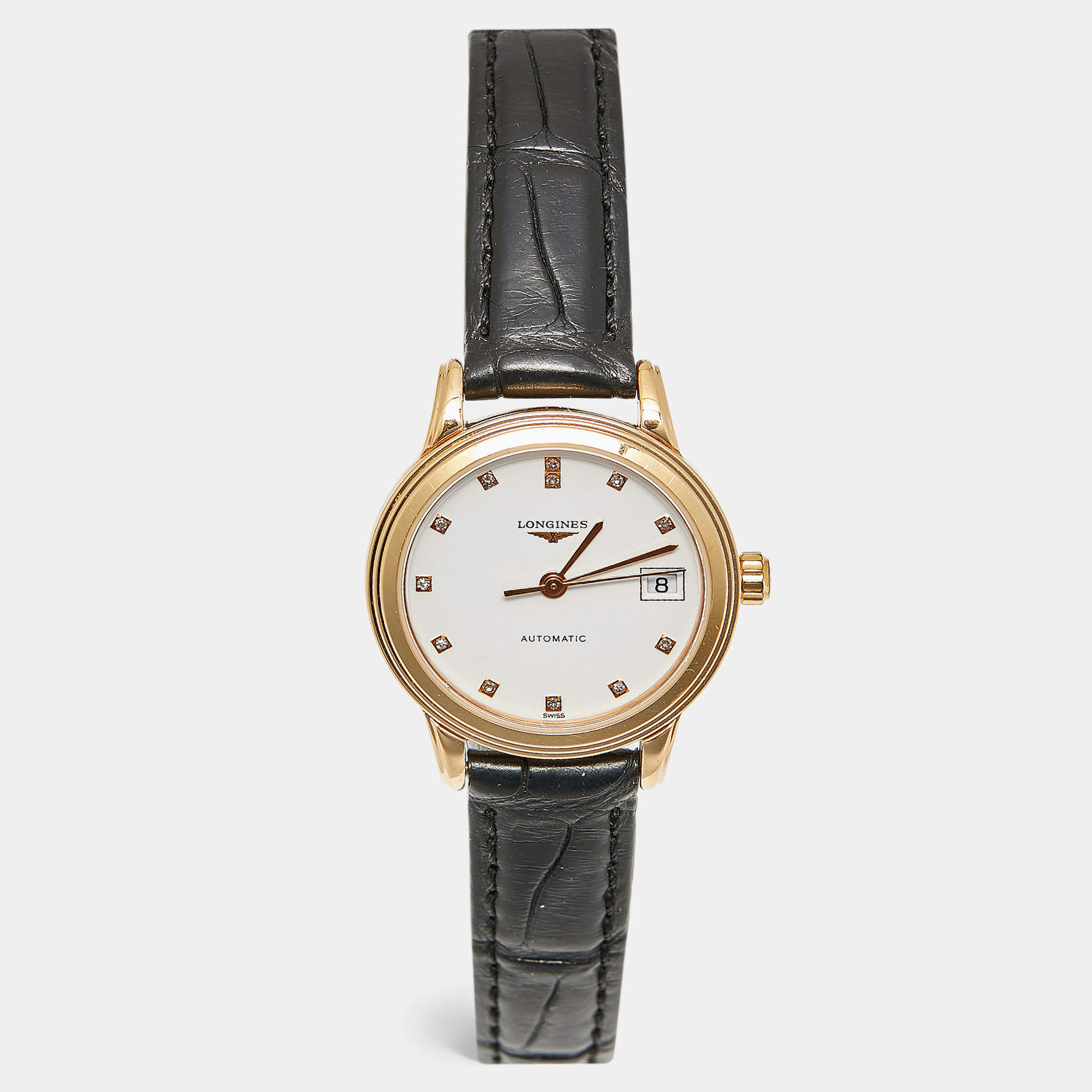 Pre Owned Longines White Diamonds 18k Rose Gold Alligator Flagship L4.274.8.27.2 Women's Wristwatch 26 mm 