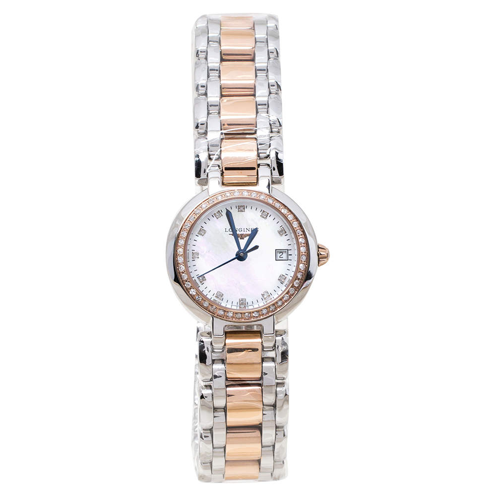 Pre Owned Longines Mother Of Pearl 18K Rose Gold Stainless Steel Diamond PrimaLuna L8.110.5.89.6 Women's Wristwatch 26.50 mm