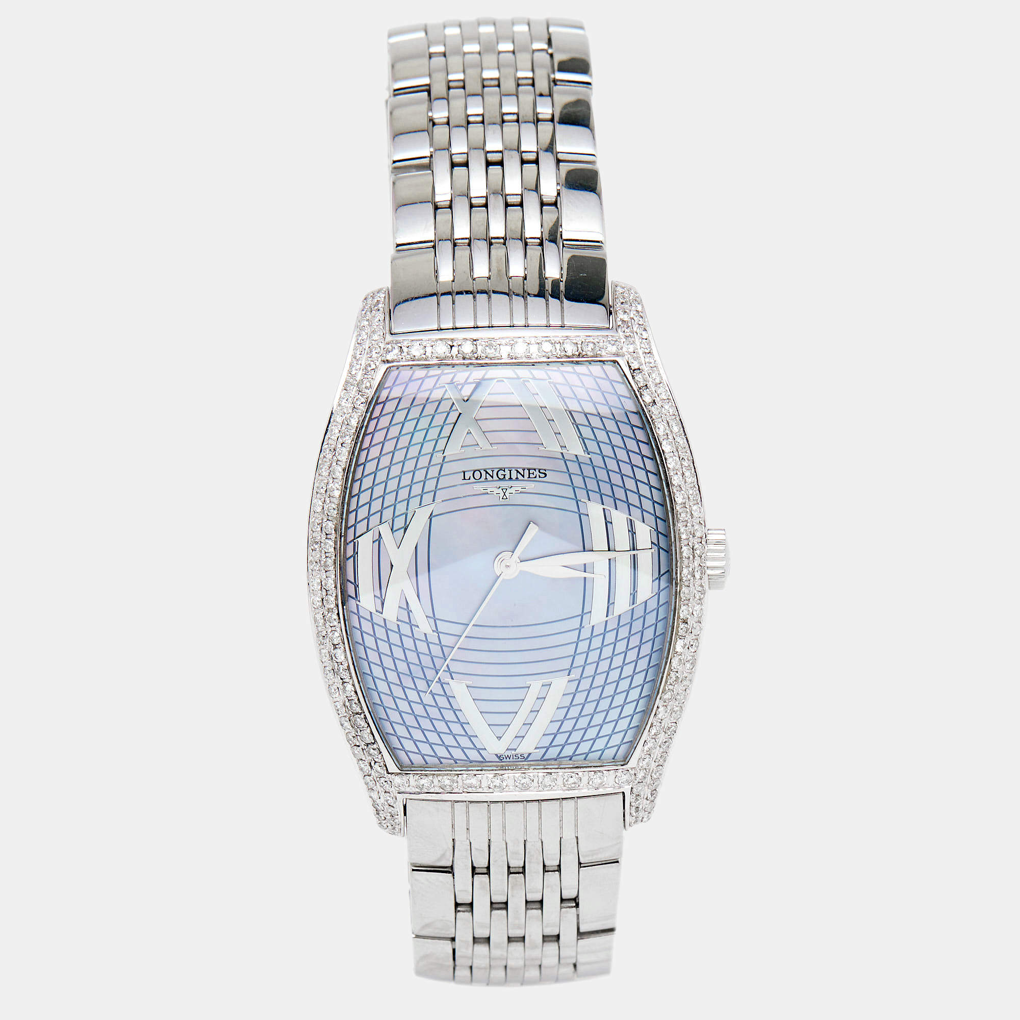 Pre Owned Longines Mother of Pearl Stainless Steel Diamonds Evidenza L2.655.4 Women's Wristwatch 33 mm