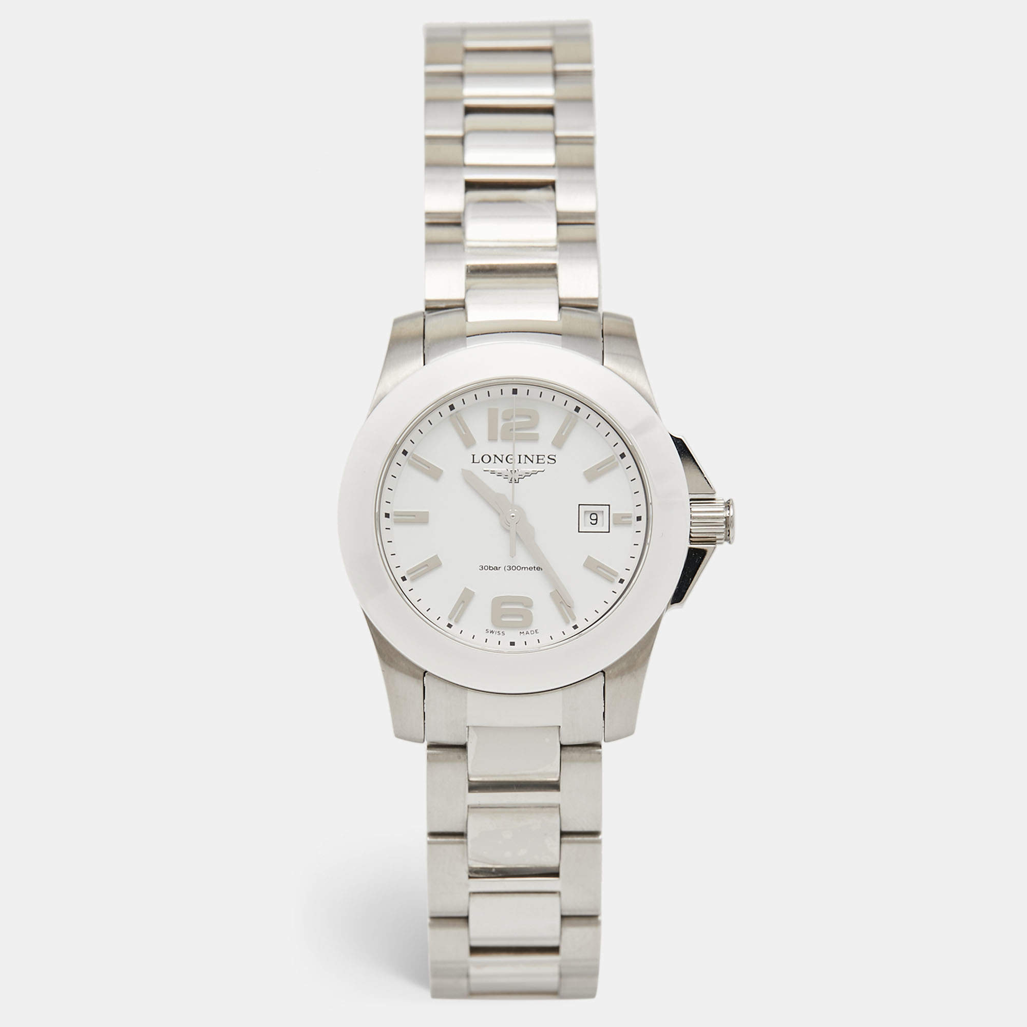 Pre Owned Longines White Ceramic Stainless Steel L3.257.4.87.6 Women's Wristwatch 29.5 mm
