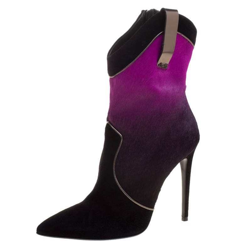 Pre Owned Loriblu Purple/Black Ombre Pony Hair High Heel Boots Size 40