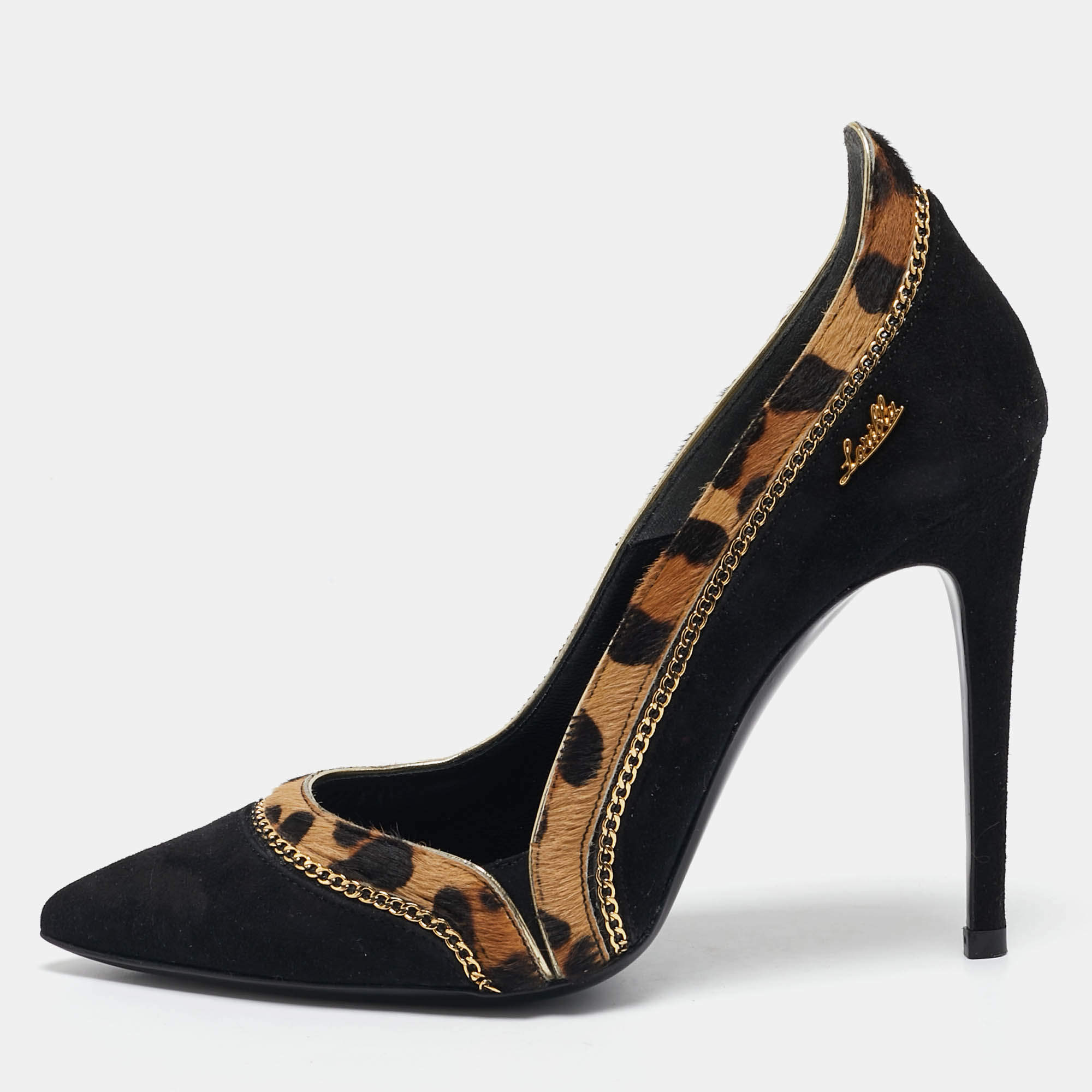 Loriblu Black/Brown Leopard Calfhair and Suede Chain Detail Pumps Size 36.5