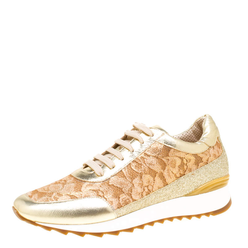 Loriblu Metalllic Gold Leather and Lace Sneakers Size 41
