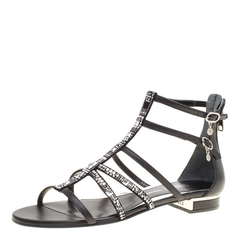 Pre Owned Loriblu Black Leather Crystal Embellished Gladiator Flat Sandals Size 38