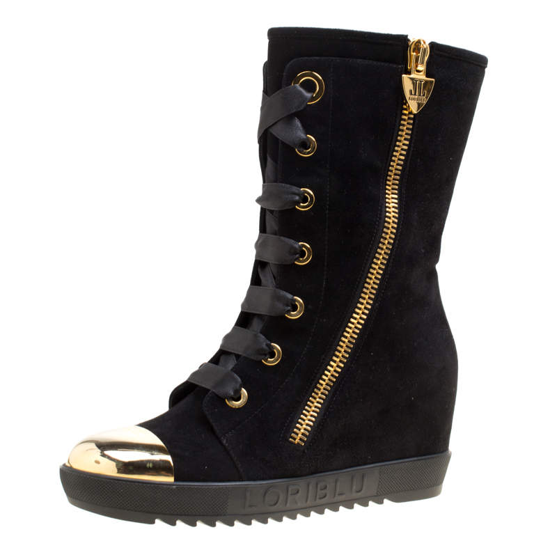 Loriblu Black Suede Metal Cap Toe Wedge Heel Calf Boots Size 36