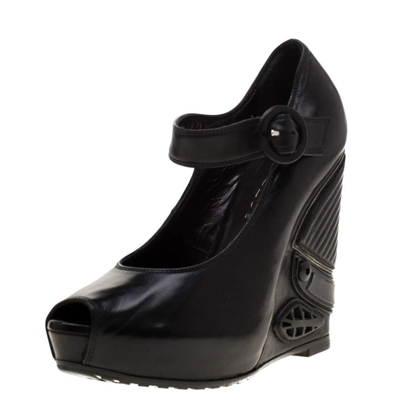 Pre Owned Loriblu Black Leather Wedge Peep Toe Mary Jane Pumps Size 36