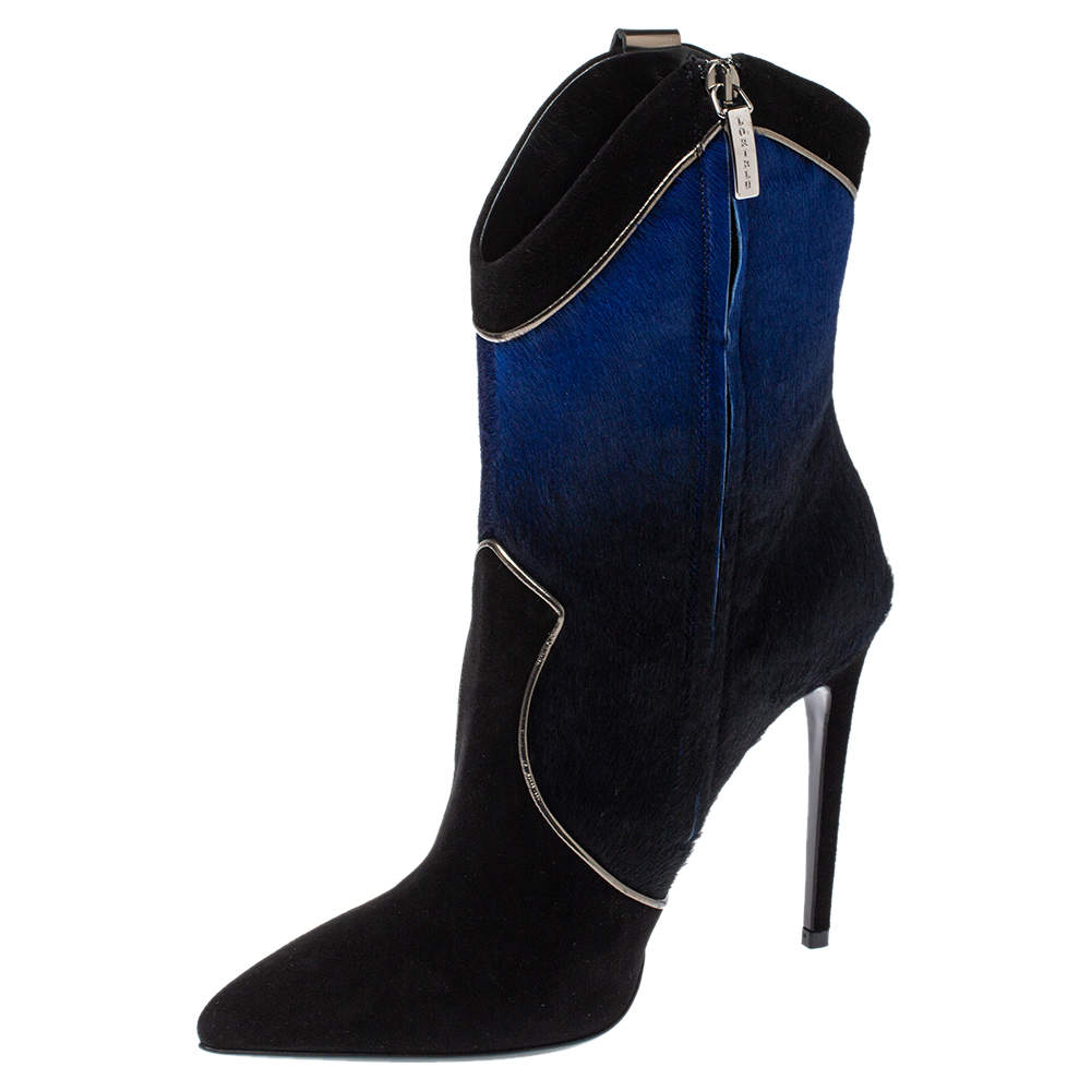 Loriblu Black/Blue Ombre Pony Hair High Heel Boots Size 40
