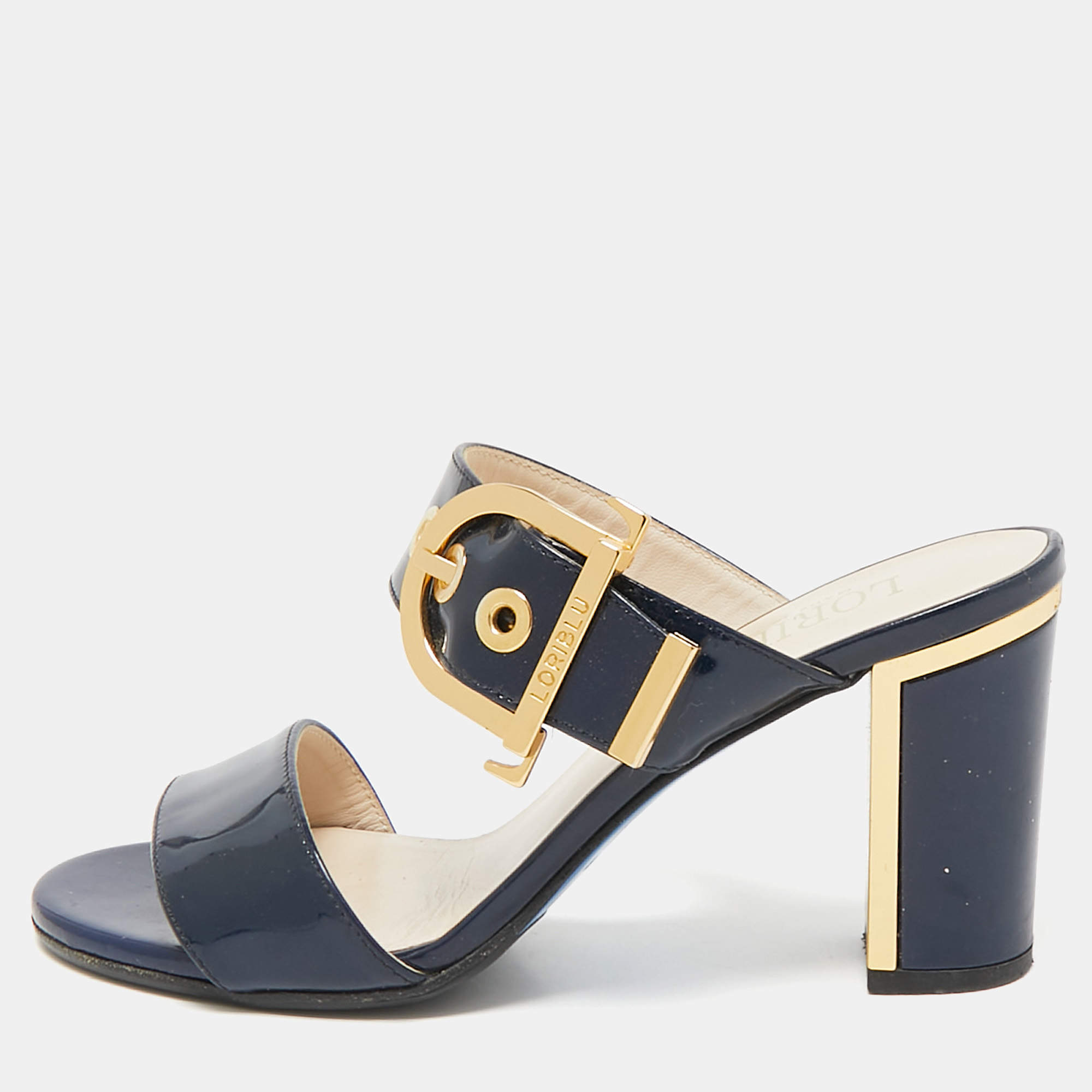 مملوكة مسبقًا Loriblu Navy Blue Patent Leather Slide Sandals Size 36