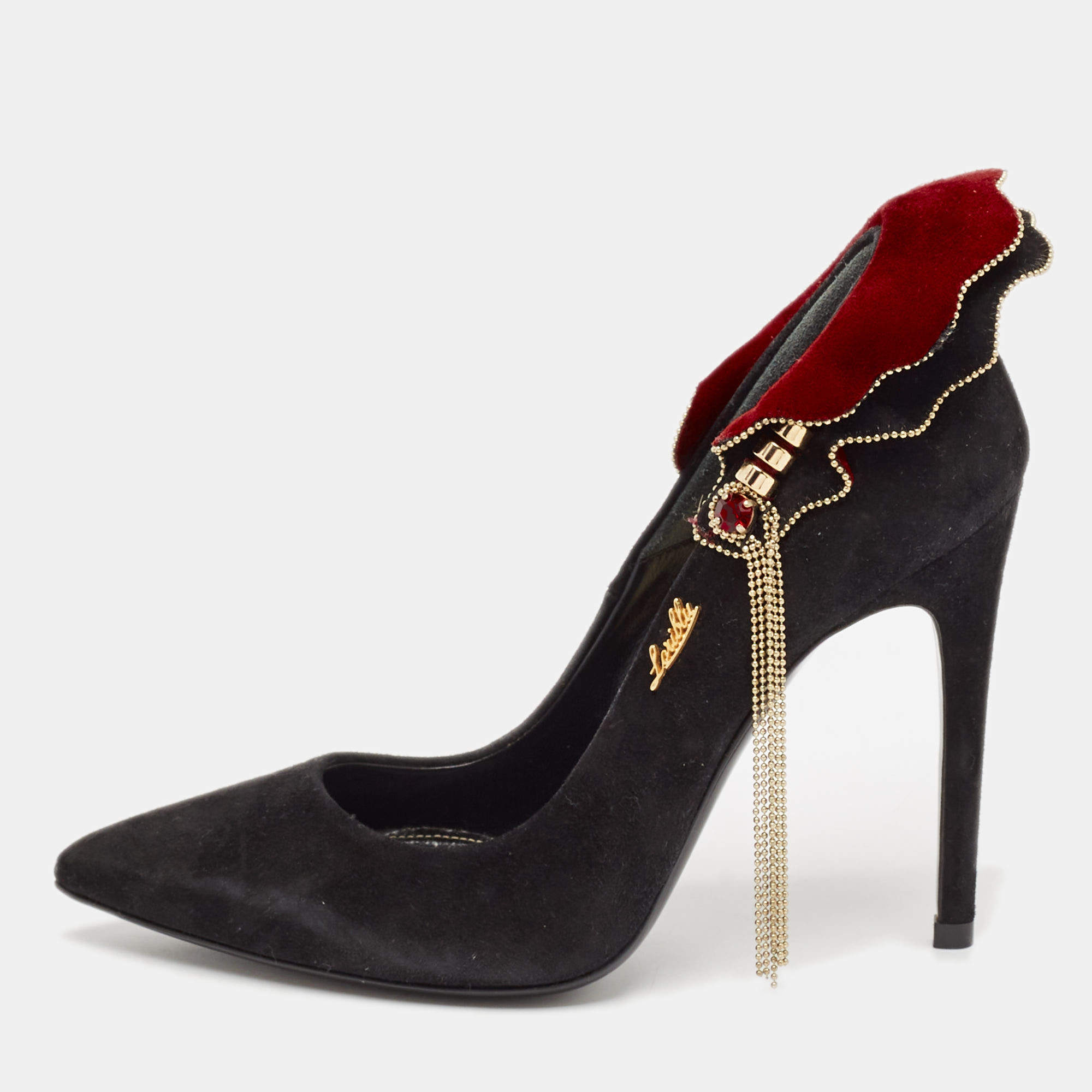 Loriblu Black/Burgundy Suede Embellished Peep Toe Pumps Size 35