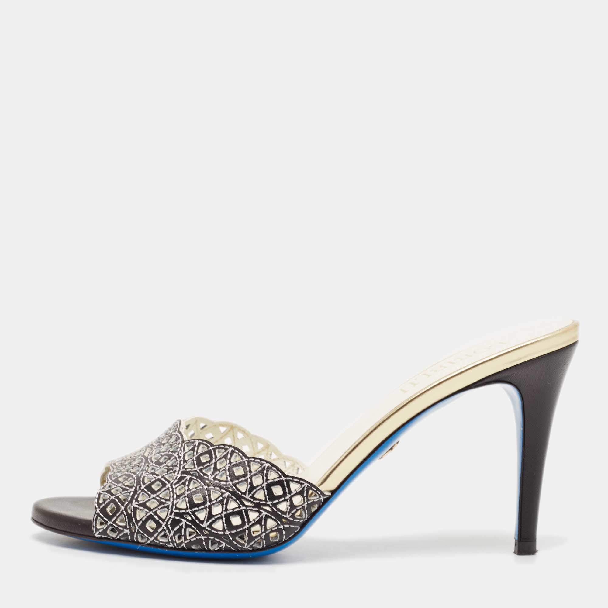 مملوكة مسبقًا Loriblu Black/White Cut Out Leather Slide Sandals Size 39