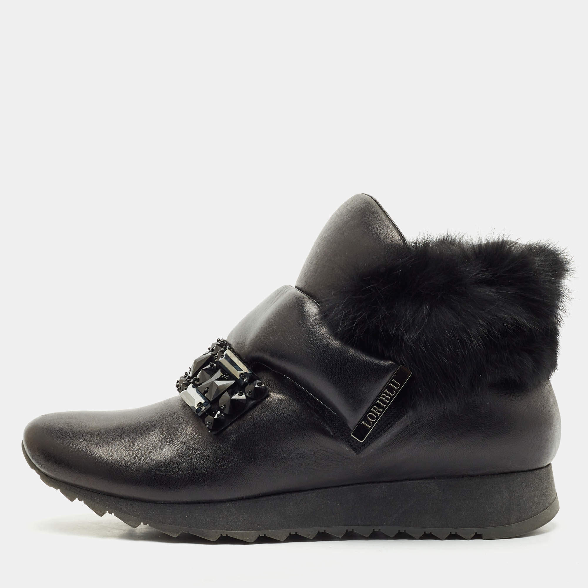 Loriblu Black Faux Fur and Leather Crystals Embellished Sneakers Size 41