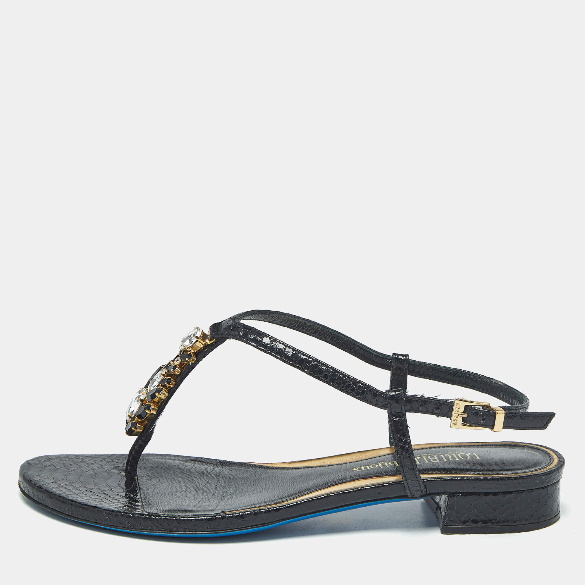 Pre Owned Loriblu Black Python Embossed Leather Crystal Embellish Thong Flats Sandals Size 38.5