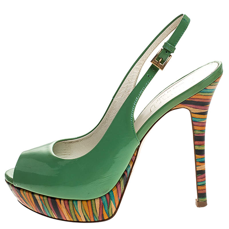Pre Owned Loriblu Green Patent Leather Peep Toe Platform Slingback Sandals Size 38