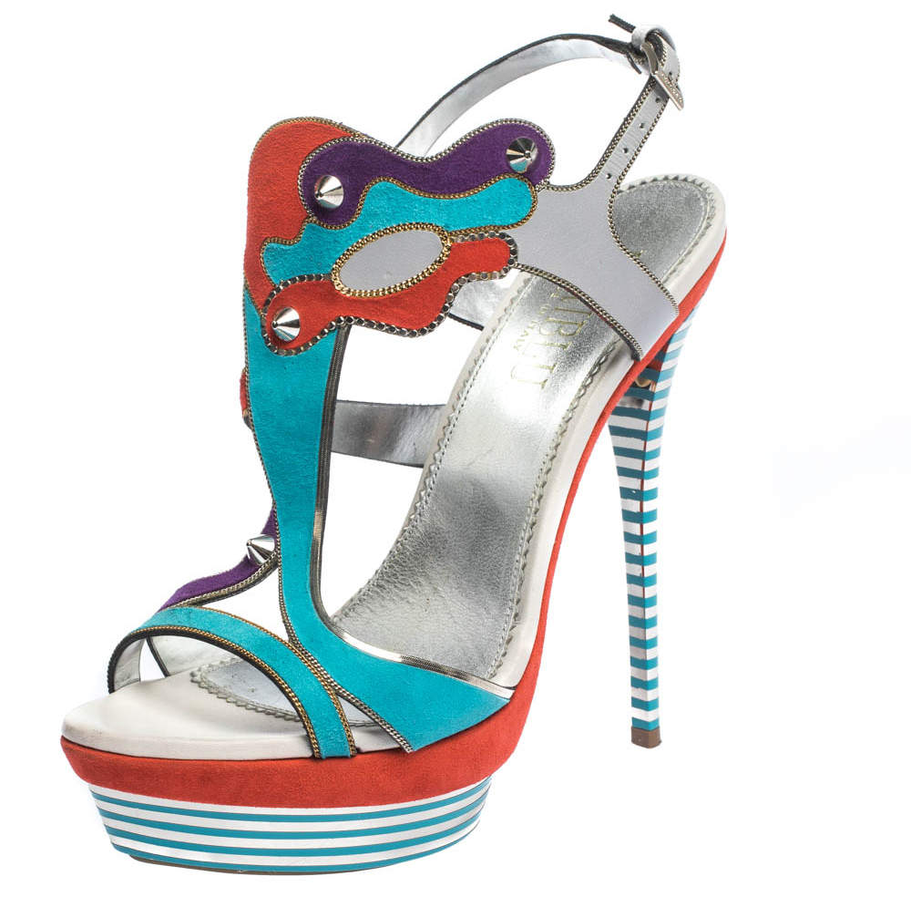 Pre Owned Loriblu Multicolor Suede Spike And Chain Embellished Platform Sandals Size 37.5