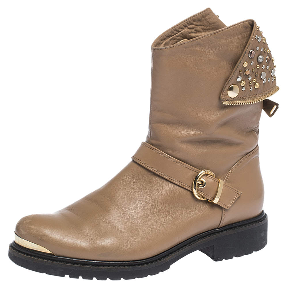 Pre Owned Loriblu Brown Leather Stud And Buckle Detail Ankle Boots Size 38