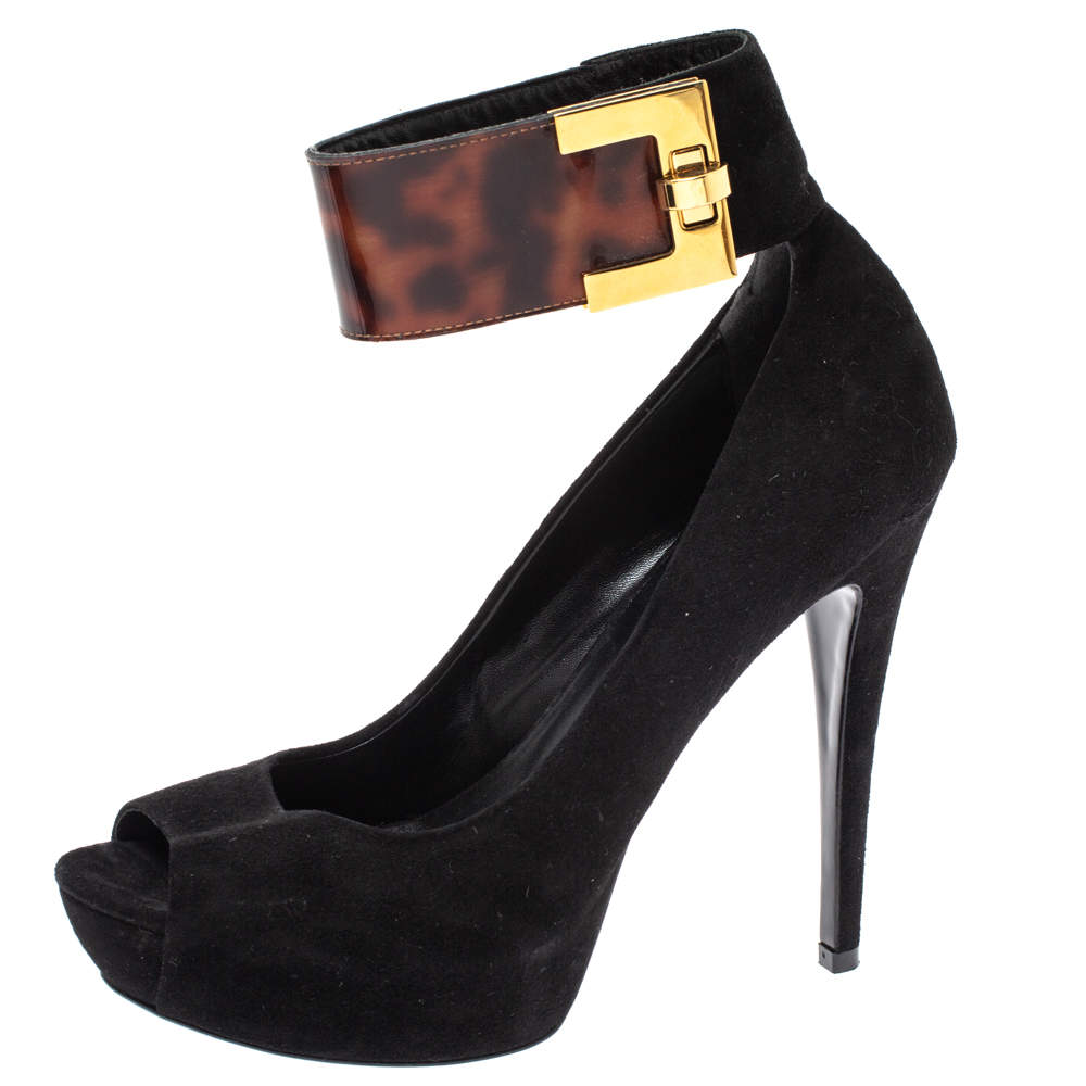 Pre Owned Loriblu Black Suede And Tortoise Patent Ankle Strap Turnlock Peep Toe Pumps Size 39