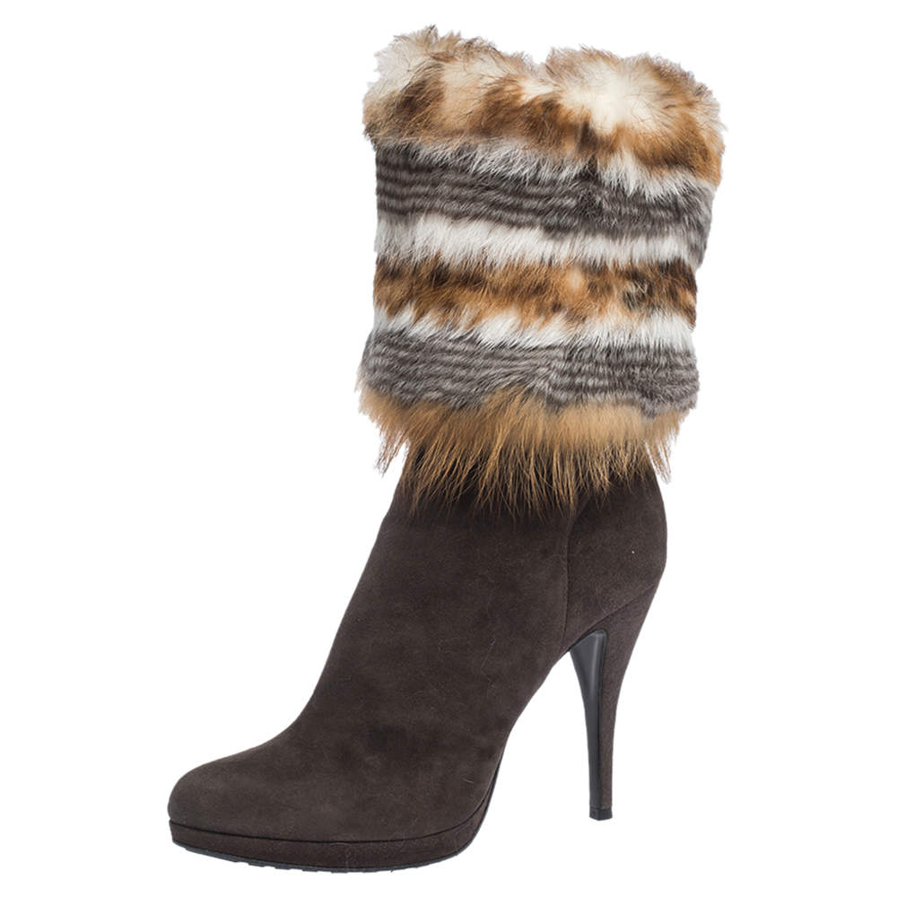 Pre Owned Loriblu Brown Suede And Multicolor Foldover Fur Pointed Toe Mid Calf Boots Size 38.5