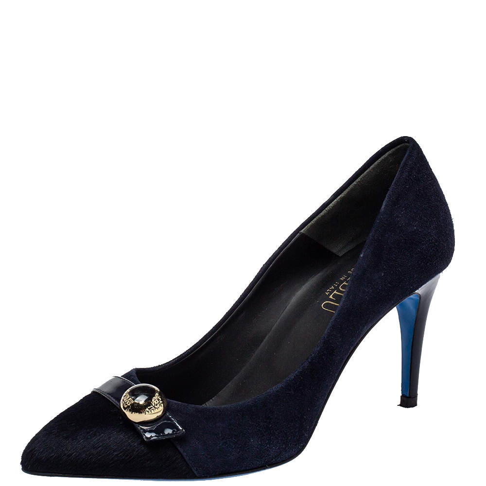 Pre Owned Loriblu Navy Blue Suede And Calf Hair Pumps Size 39