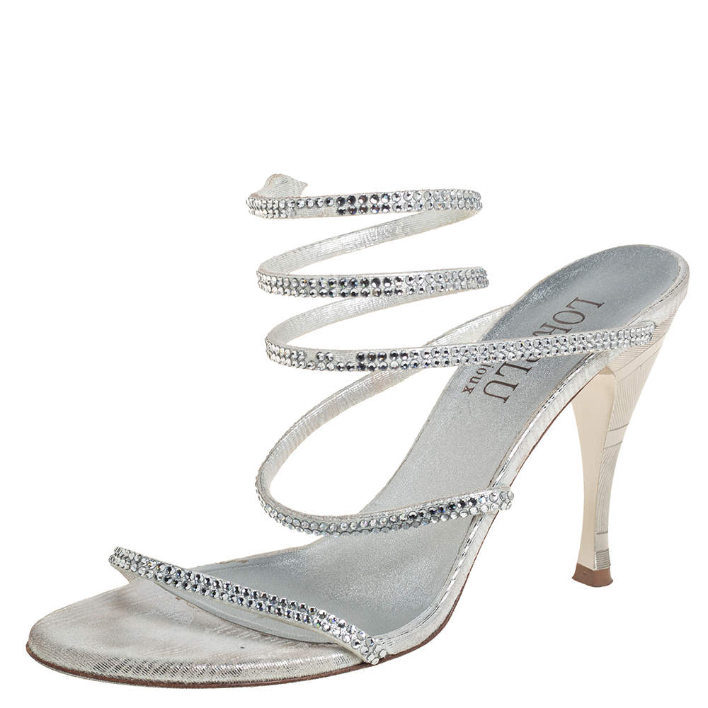 Loriblu Silver Leather Crystal Embellished Slingback Sandals Size 38