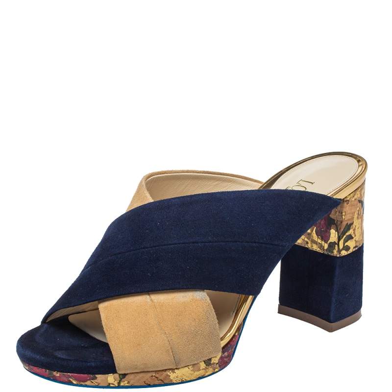 Pre Owned Loriblu Blue/Beige Suede Brocade Mule Sandals Size 38