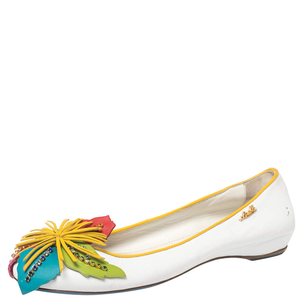 Pre Owned Loriblu White Leather Floral Embellished Ballet Flats Size 38