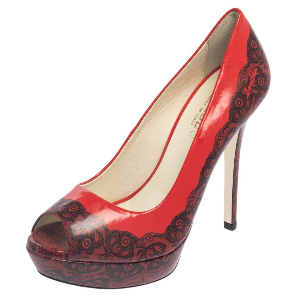 Loriblu Red/Black Print Leather Peep Toe Platform Pumps Size 38