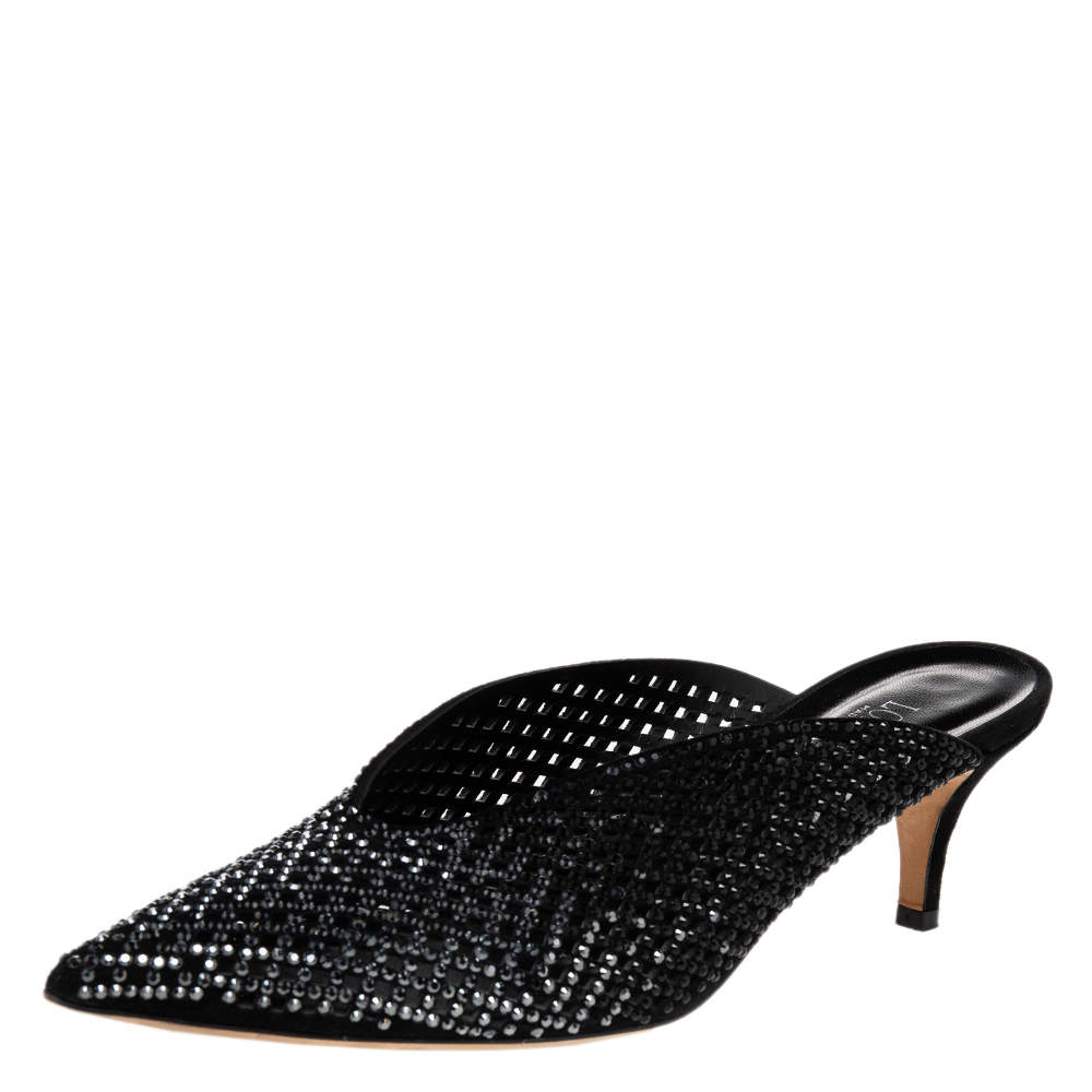 Pre Owned Loriblu Black Laser-Cut Suede Crystal Embellished Mules Size 40