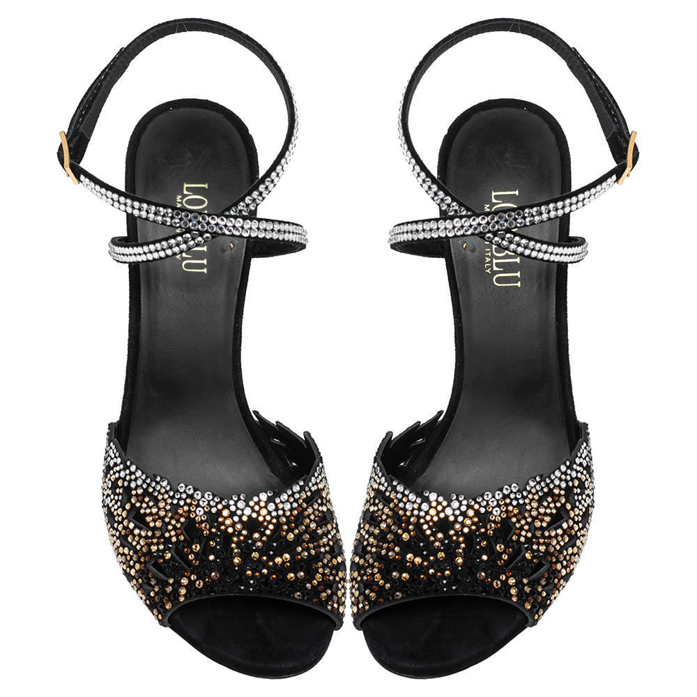 Pre Owned Loriblu Black Suede Crystal Embellished Ankle Strap Sandals Size 38