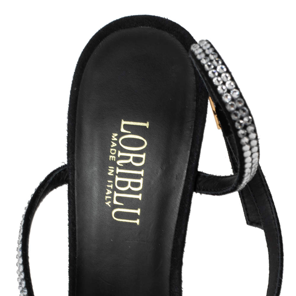 Pre Owned Loriblu Black Suede Crystal Embellished Ankle Strap Sandals Size 38