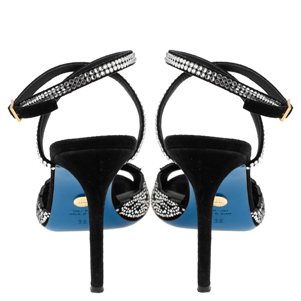 Pre Owned Loriblu Black Suede Crystal Embellished Ankle Strap Sandals Size 38