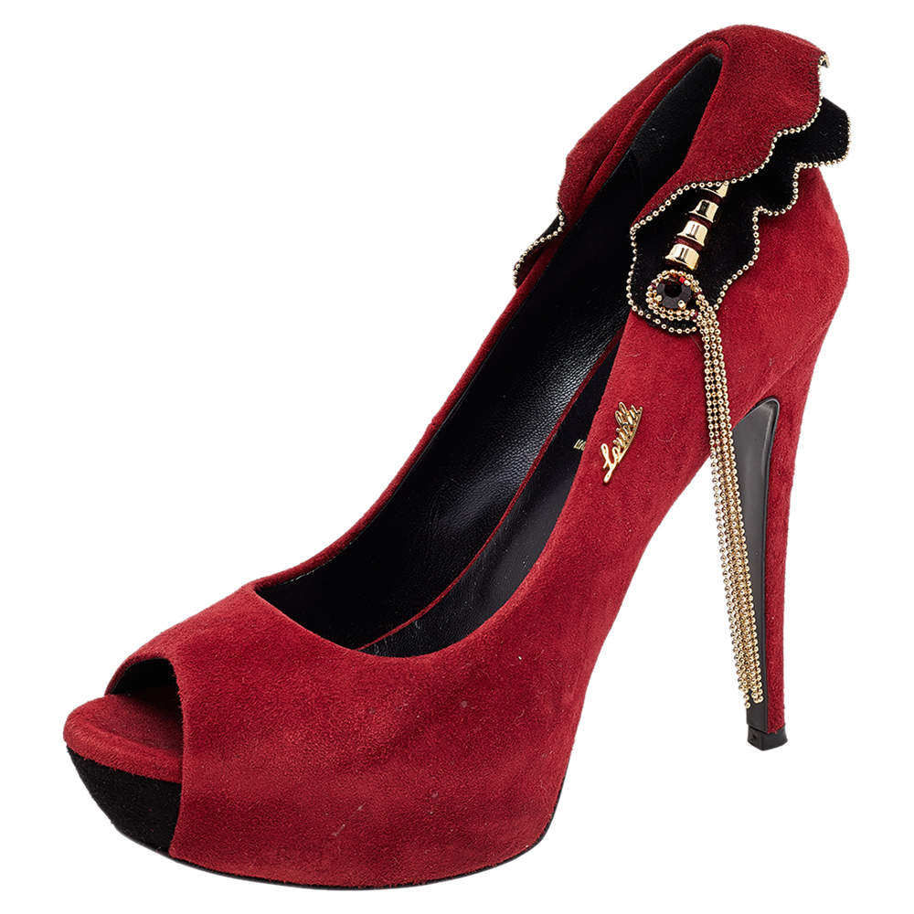 Loriblu Red Suede Embellished Peep Toe Pumps Size 38