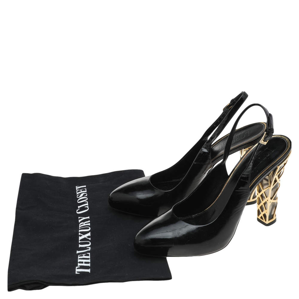 Pre Owned Loriblu Black Patent Leather Block Heel Slingback Sandals Size 40