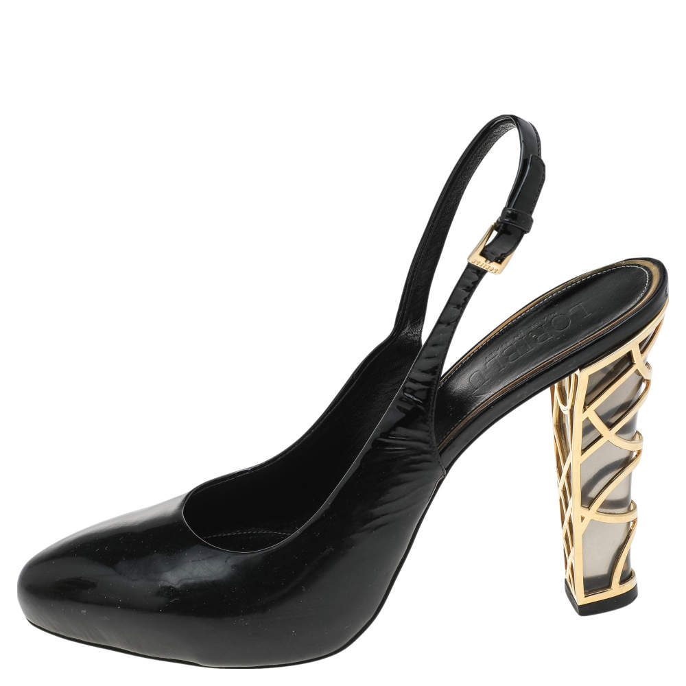 Pre Owned Loriblu Black Patent Leather Block Heel Slingback Sandals Size 40