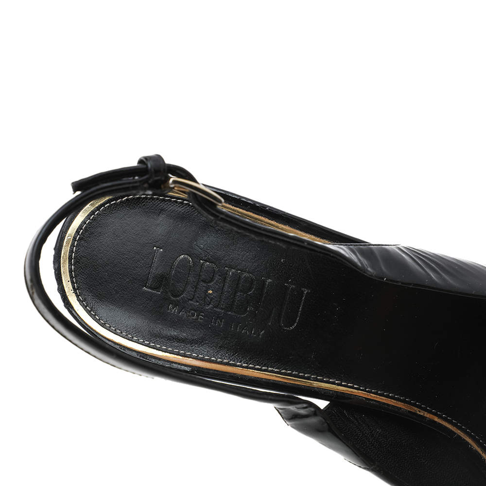 Pre Owned Loriblu Black Patent Leather Block Heel Slingback Sandals Size 40