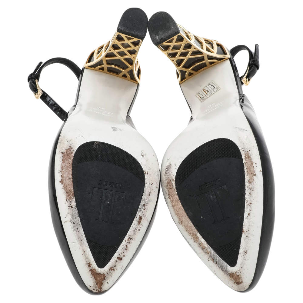 Pre Owned Loriblu Black Patent Leather Block Heel Slingback Sandals Size 40