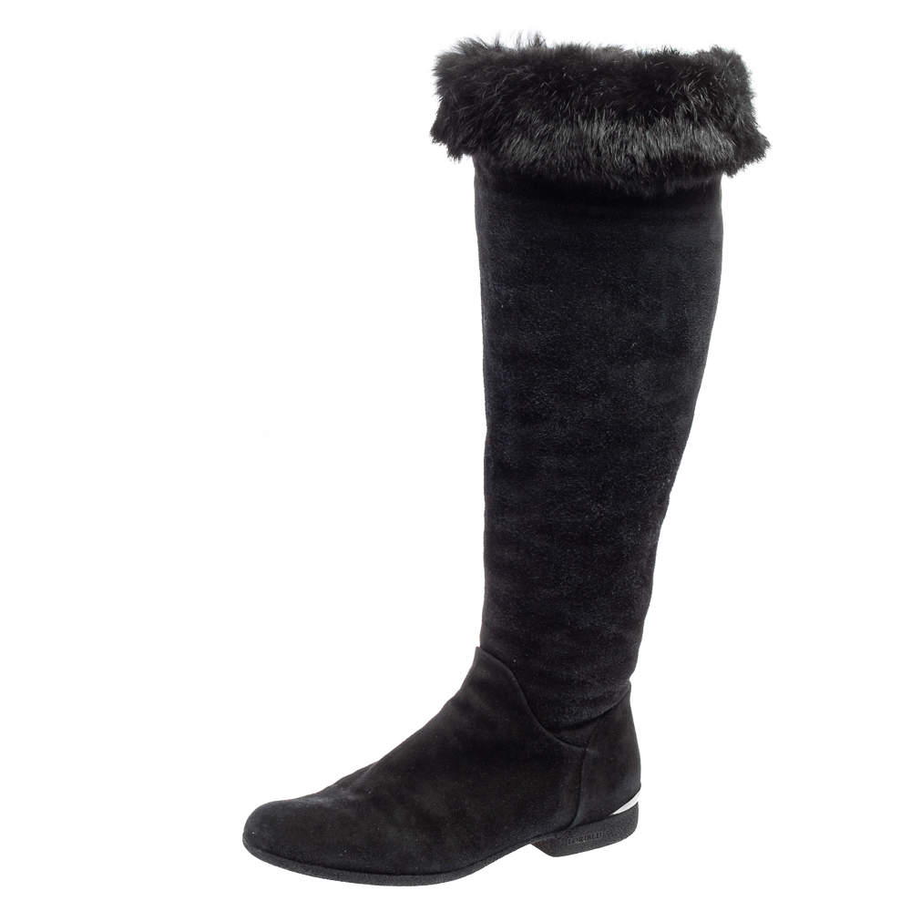 Pre Owned Loriblu Black Suede And Fur Knee Length Boots Size 37