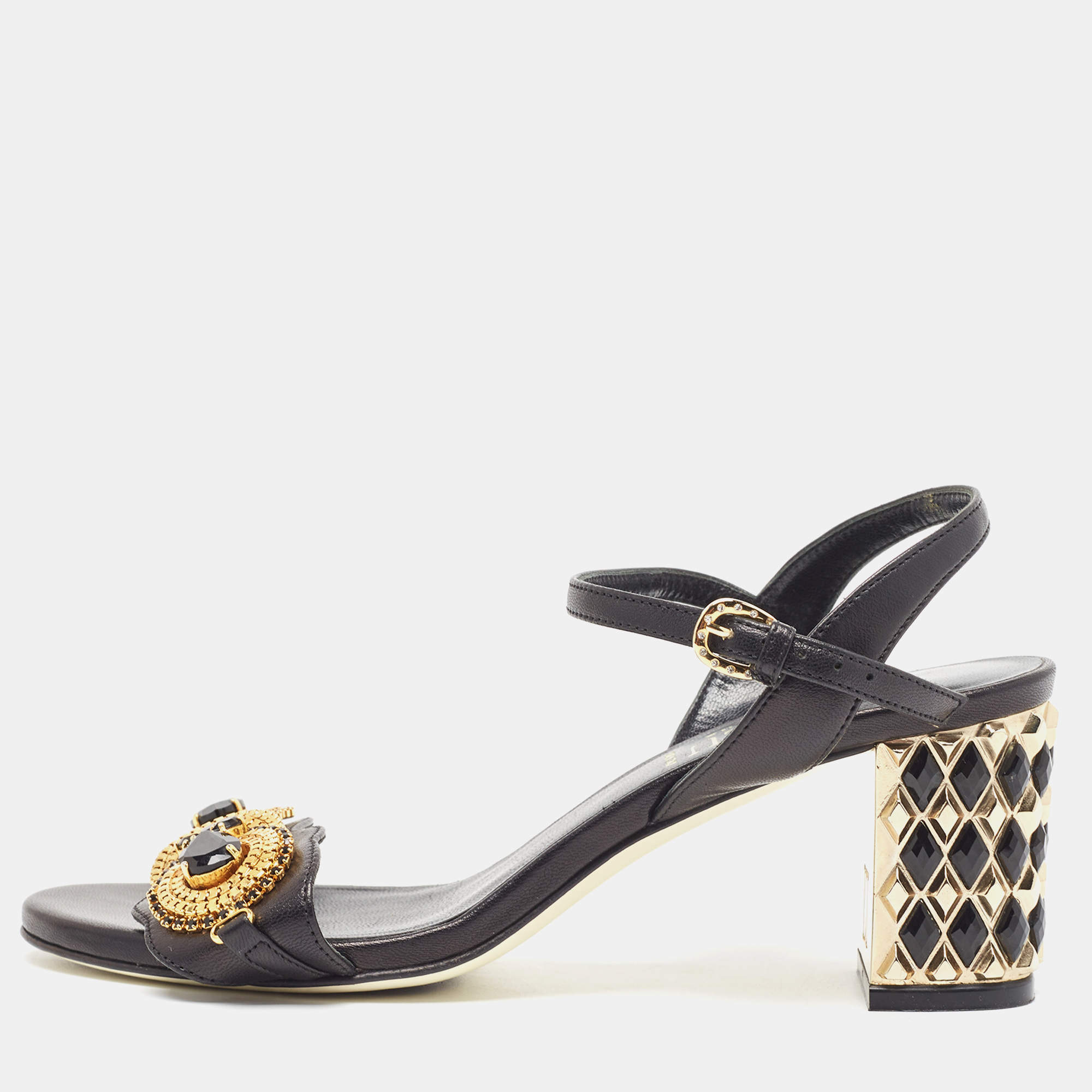 مملوكة مسبقًا Loriblu Black Leather Embellished Ankle Strap Sandals Size 36