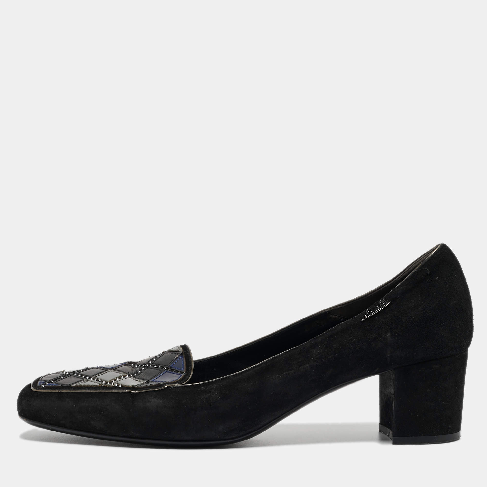Loriblu Black Suede Block Heel Loafer Pumps Size 39
